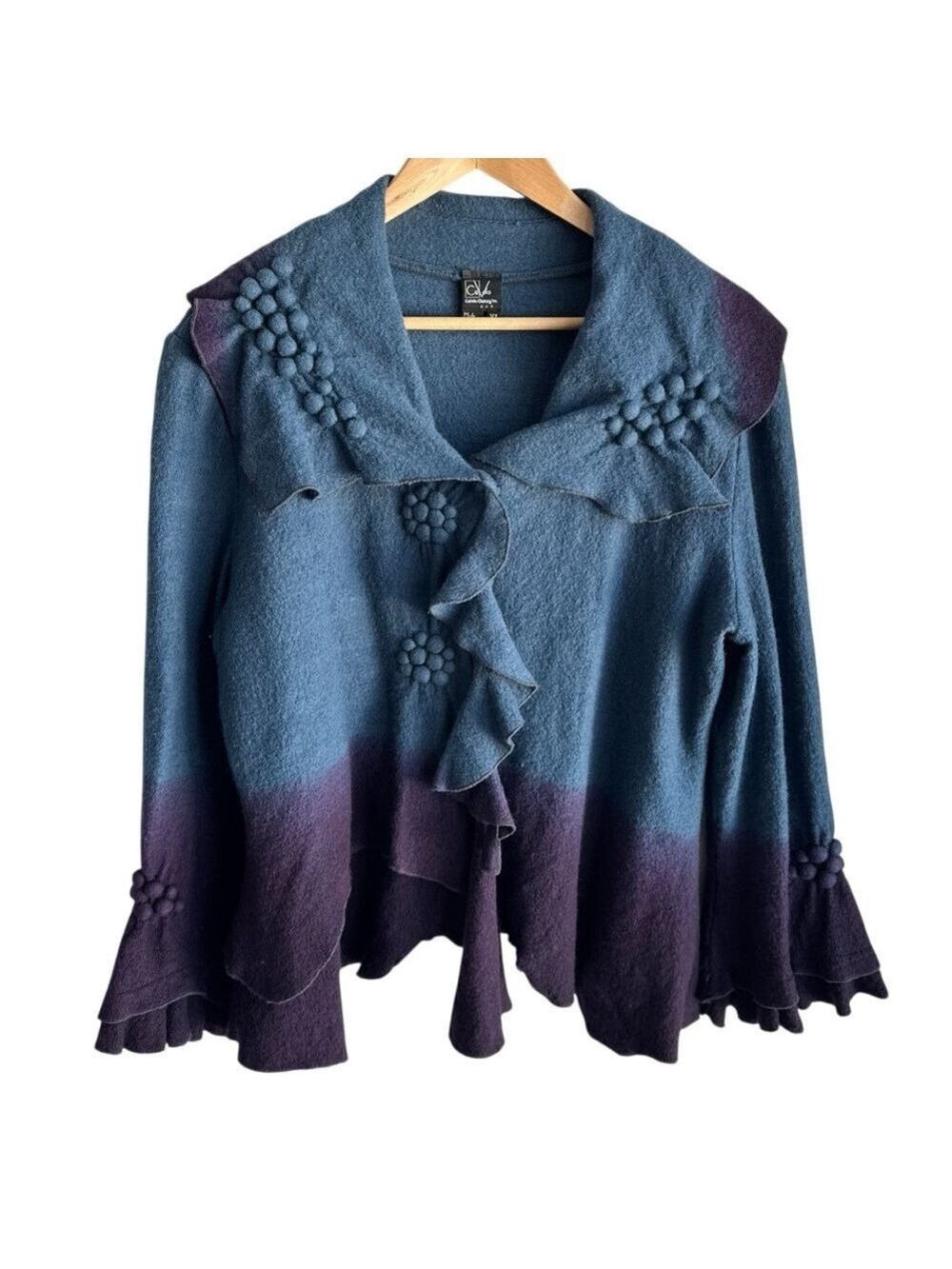 Covelo 100% Wool Cardigan Jacket XL Blue Purple Ombre Ruffle Whimsigoth Artsy